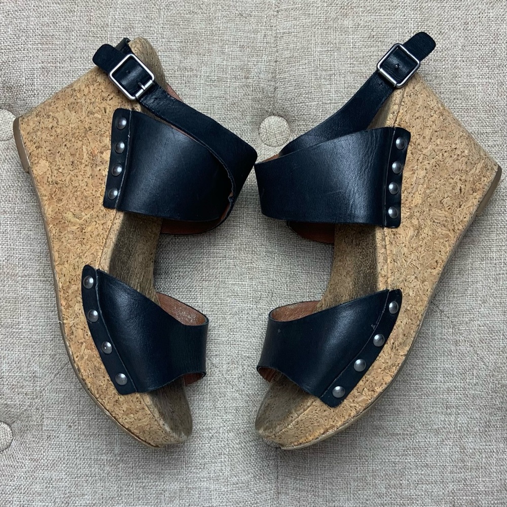 Lucky Brand Moran Black Leather Cork Wedges